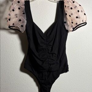 Elegant Black Bodysuit with Polka Dot Sleeves